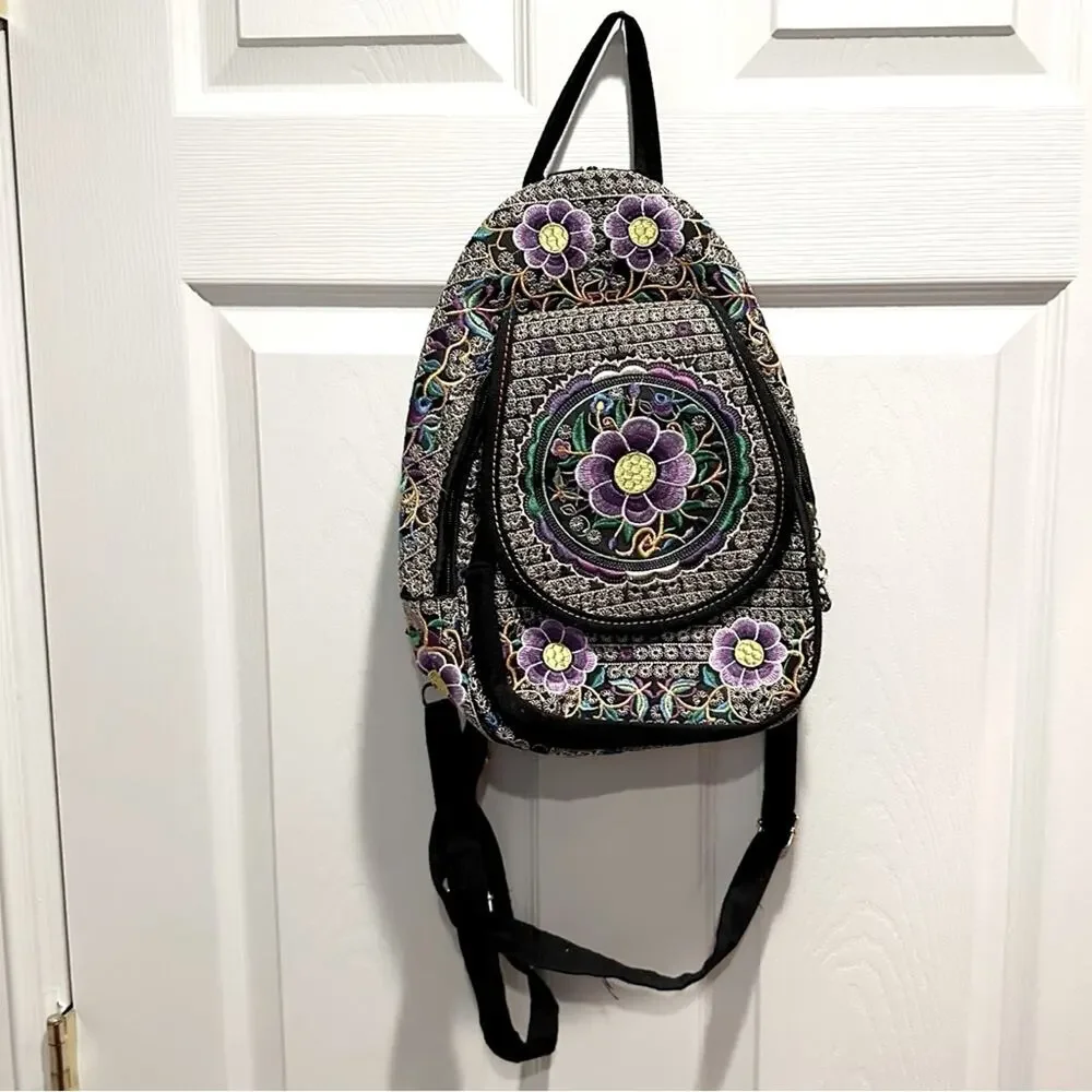 Floral Embroided Backpack Boho Bohemian Black Purple Mexican